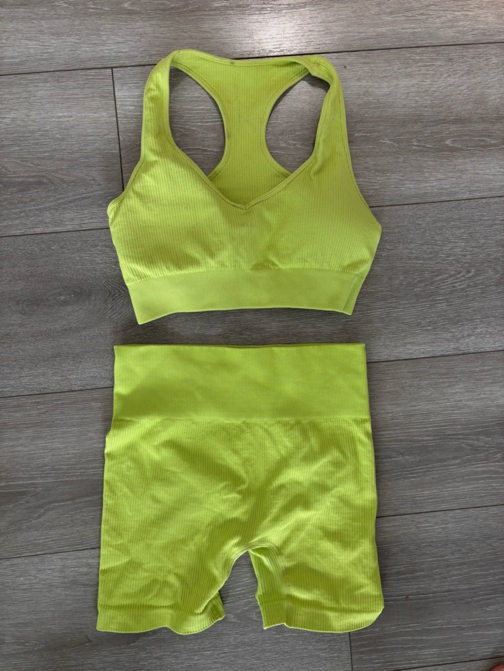 Seamless Ribbed Racerback Sports Bra & High-Waist Shorts Set — Neon Lime
